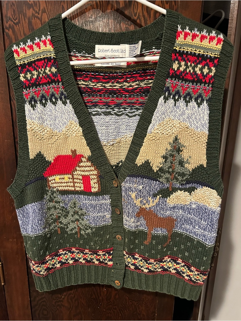 Vintage Robert Scott Ltd Green Cabin/Moose Knit Vest